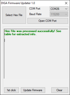 14 1. Wybrać odpowiedni COM 2. Kliknąć na Select Hex File i wybrać plik firmware u 3. Kliknąć na przycisk Open COM port 4. Kliknąć na 1st click 5. Kliknąć Update Firmware 6.