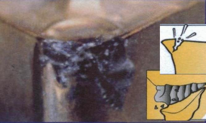 Przyczyna Zbyt kruchy materiał płytki. Niewłaściwa geometria płytki (za duży kąt przyłożenia). Za mały rozmiar płytki.