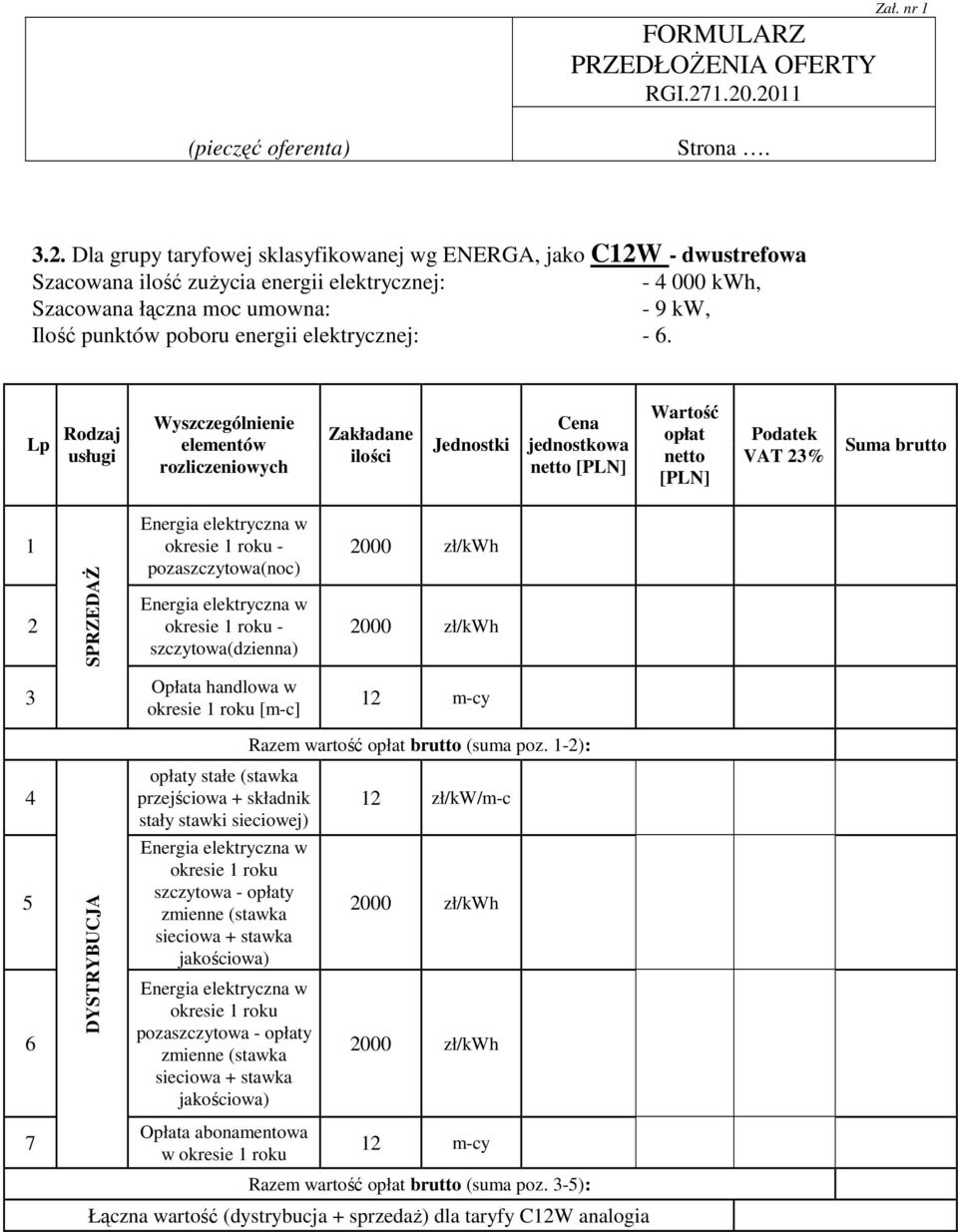 Lp Rodzaj [PLN] [PLN] 6 7 pozaszczytowa(noc) szczytowa(dzienna) okresie roku [m-c] y stałe (stawka okresie roku szczytowa - y