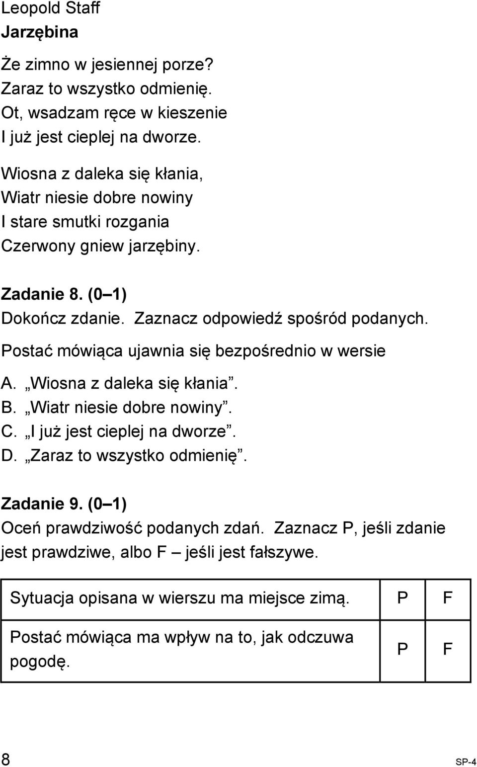 Postać mówiąca ujawnia się bezpośrednio w wersie A. Wiosna z daleka się kłania. B. Wiatr niesie dobre nowiny. C. I już jest cieplej na dworze. D. Zaraz to wszystko odmienię.