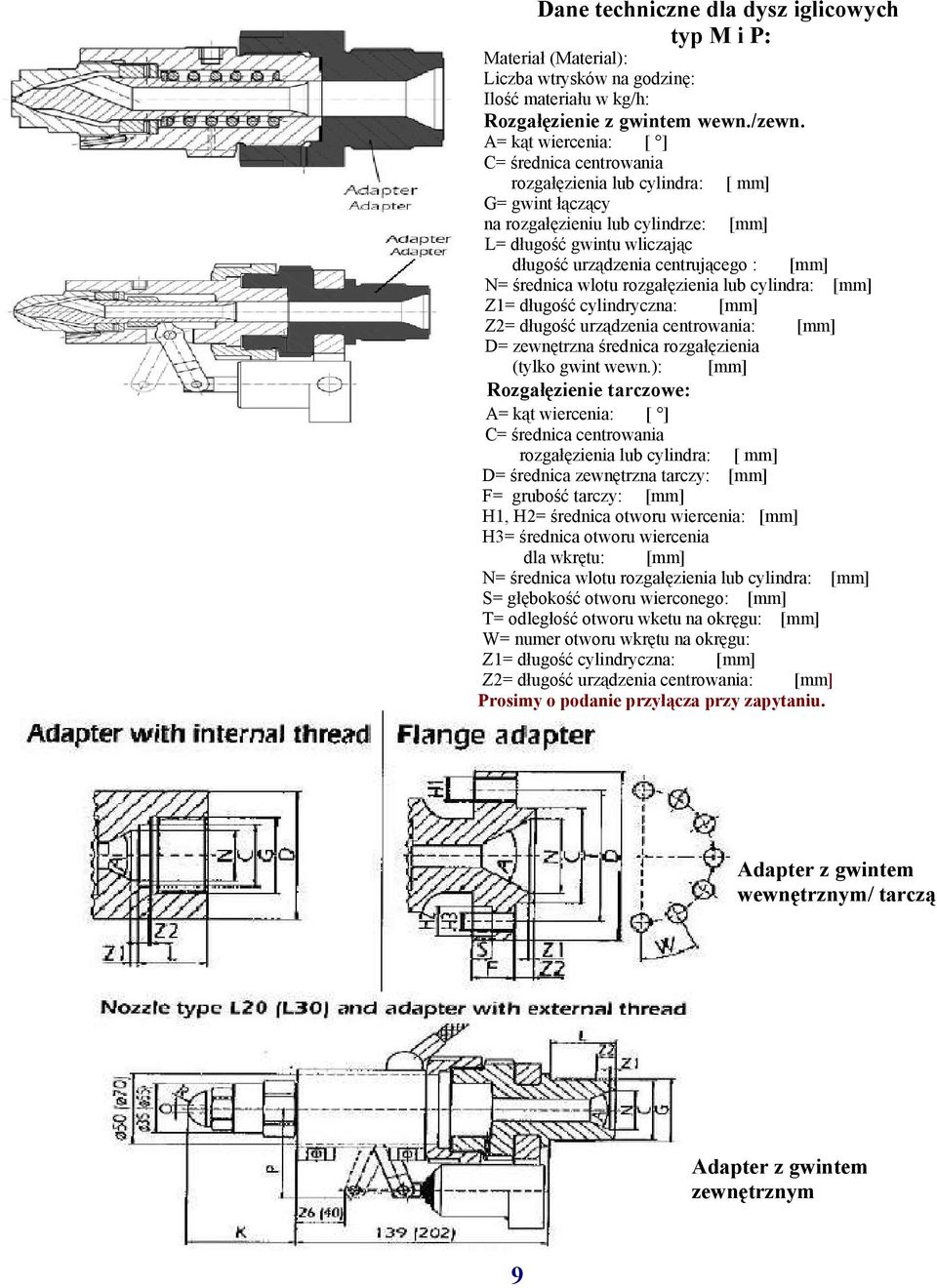 [mm] N= średnica wlotu rozgałęzienia lub cylindra: [mm] Z1= długość cylindryczna: [mm] Z2= długość urządzenia centrowania: [mm] D= zewnętrzna średnica rozgałęzienia (tylko gwint wewn.