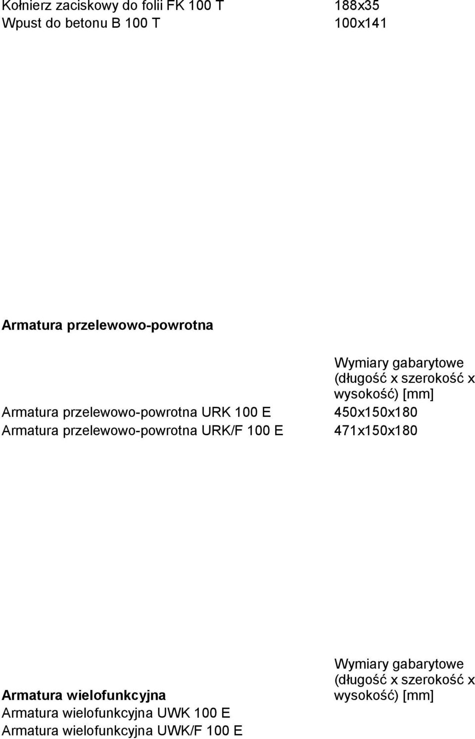 Armatura wielofunkcyjna Armatura wielofunkcyjna UWK 100 E Armatura wielofunkcyjna UWK/F 100 E Wymiary