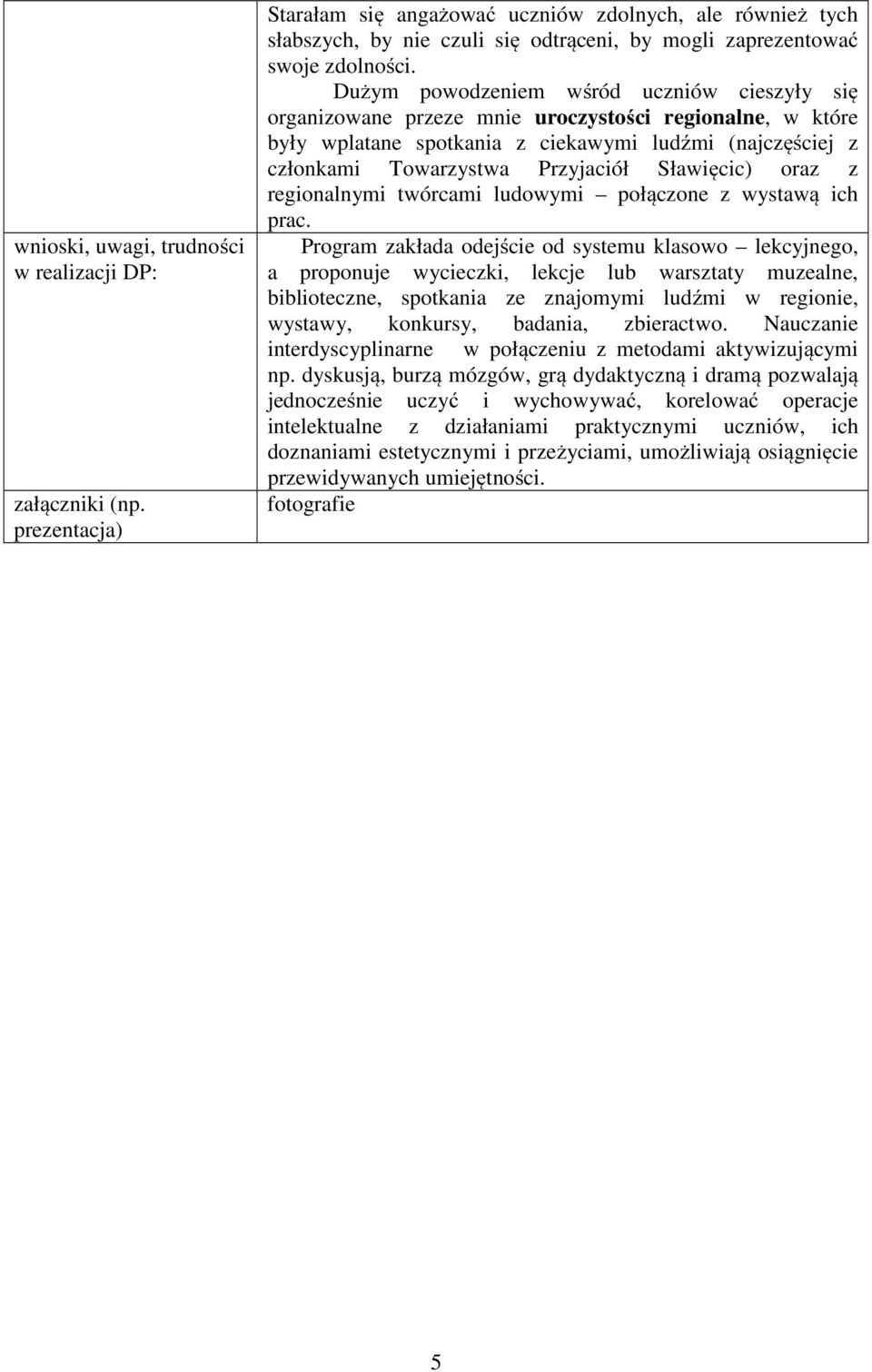 Dużym powodzeniem wśród uczniów cieszyły się organizowane przeze mnie uroczystości regionalne, w które były wplatane spotkania z ciekawymi ludźmi (najczęściej z członkami Towarzystwa Przyjaciół