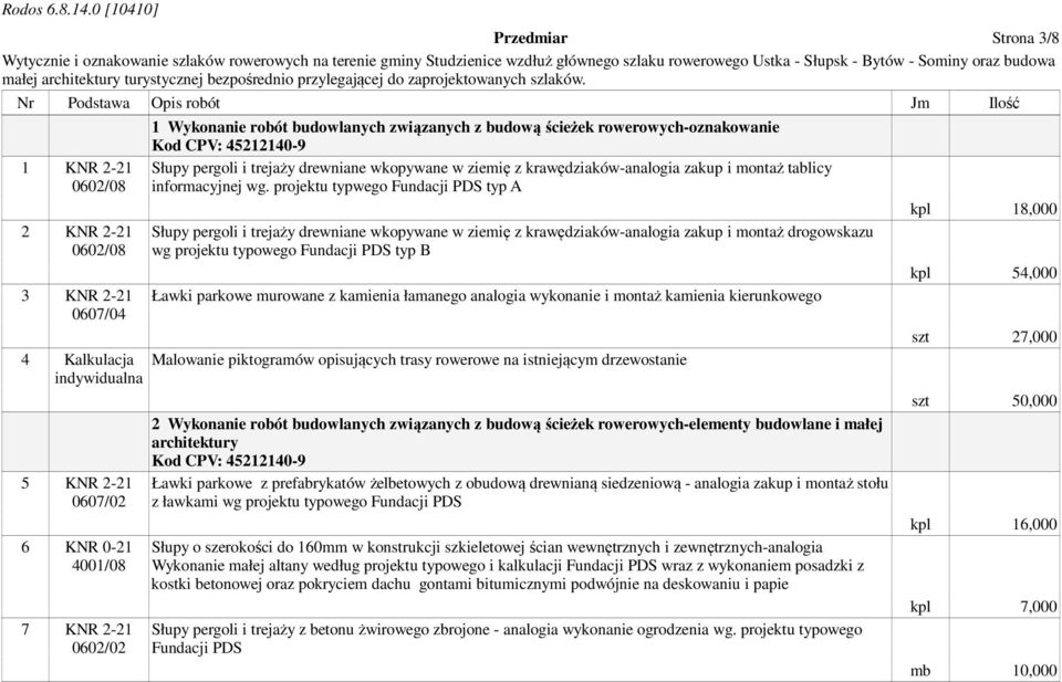 projektu typwego Fundacji PDS typ A Słupy pergoli i trejaży drewniane wkopywane w ziemię z krawędziaków-analogia zakup i montaż drogowskazu wg projektu typowego Fundacji PDS typ B Ławki parkowe