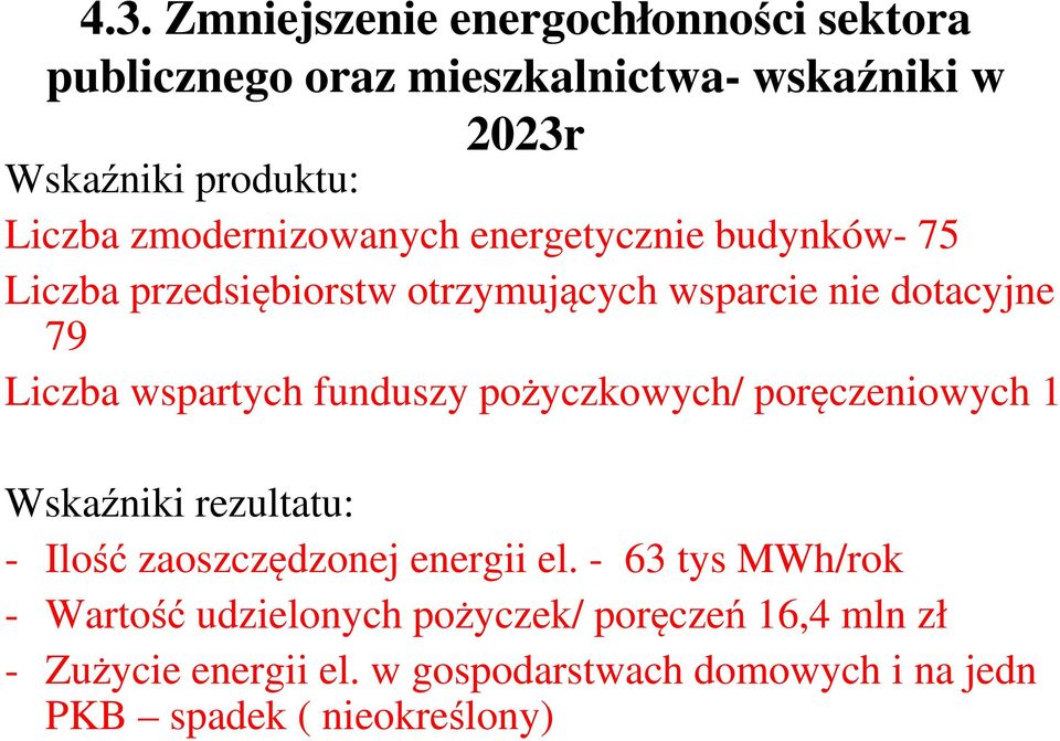 funduszy pożyczkowych/ poręczeniowych 1 Wskaźniki rezultatu: - Ilość zaoszczędzonej energii el.