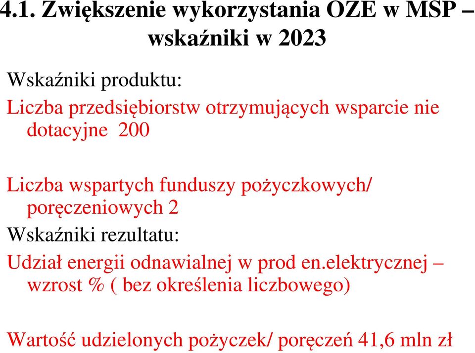 pożyczkowych/ poręczeniowych 2 Wskaźniki rezultatu: Udział energii odnawialnej w prod en.