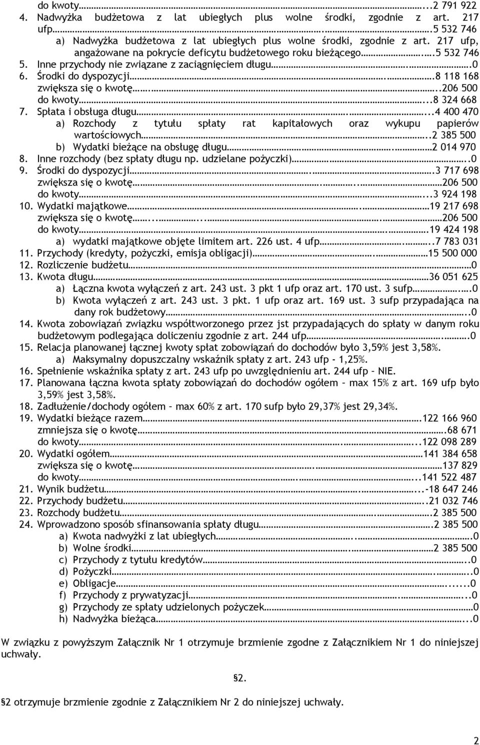 ..206 500 do kwoty...8 324 668 7. Spłata i obsługa długu....4 400 470 a) Rozchody z tytułu spłaty rat kapitałowych oraz wykupu papierów wartościowych..2 385 500 b) Wydatki bieżące na obsługę długu.