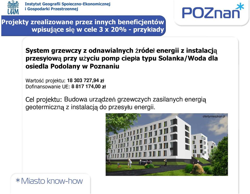 osiedla Podolany w Poznaniu Wartość projektu: 18 303 727,94 zł Dofinansowanie UE: 8 817 174,00 zł Cel