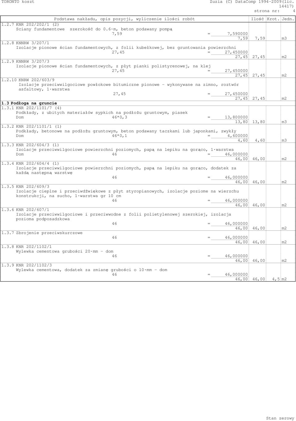 2.10 KNRW 202/603/9 Izolacje przeciwwilgociowe powłokowe bitumiczne pionowe - wykonywane na zimno, roztwór asfaltowy, 1 warstwa 27,45 = 27,450000 27,45 27,45 m2 1.3 Podłoga na gruncie 1.3.1 KNR 202/1101/7 (4) Podkłady, z ubitych materiałów sypkich na podłożu gruntowym, piasek Dom 46*0,3 = 13,800000 13,80 13,80 m3 1.