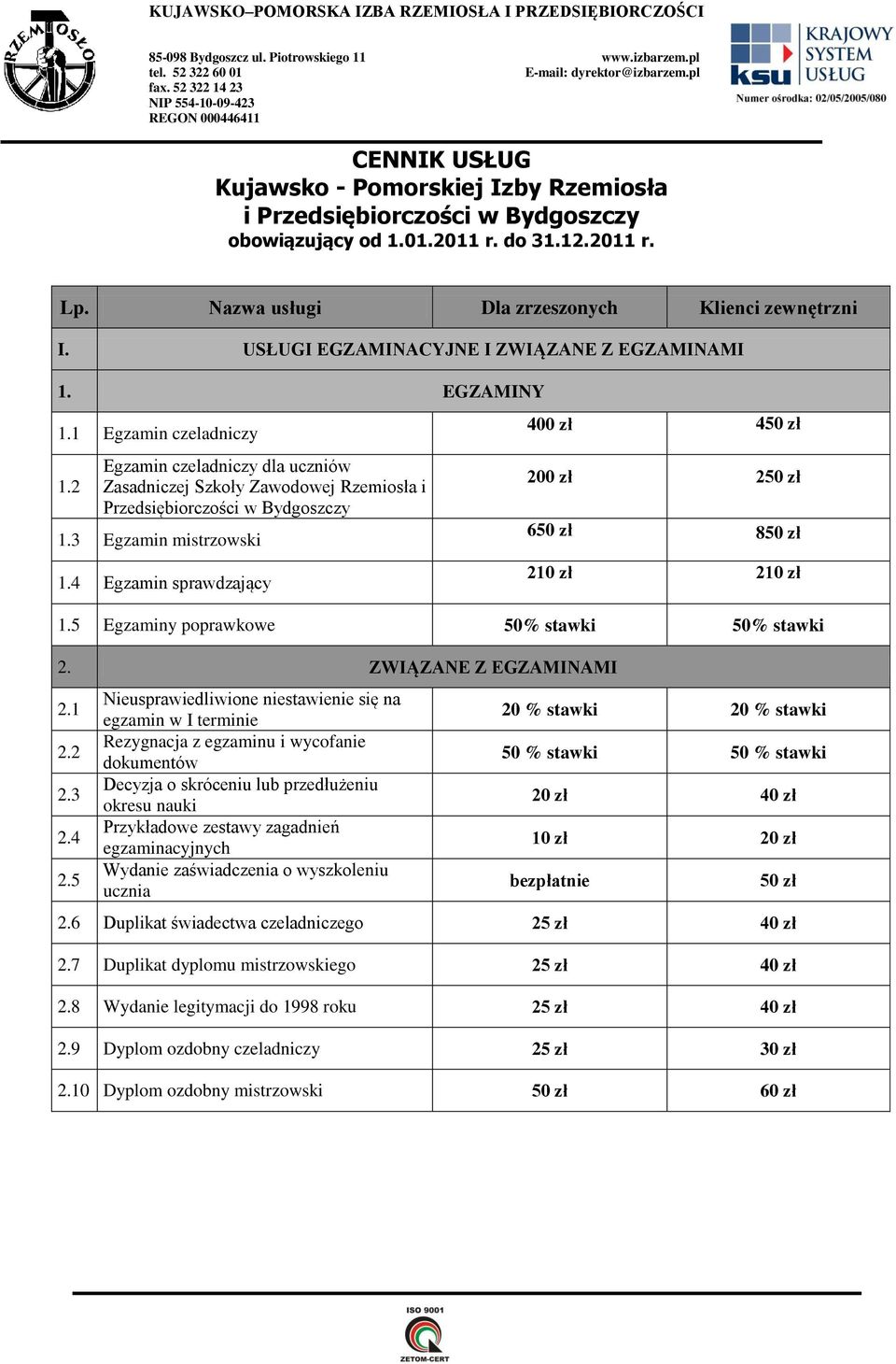 Nzw usługi Dl zrzeszonych Klienci zewnętrzni I. USŁUGI EGZAMINACYJNE I ZWIĄZANE Z EGZAMINAMI 1. EGZAMINY 1.1 Egzmin czeldniczy 1.