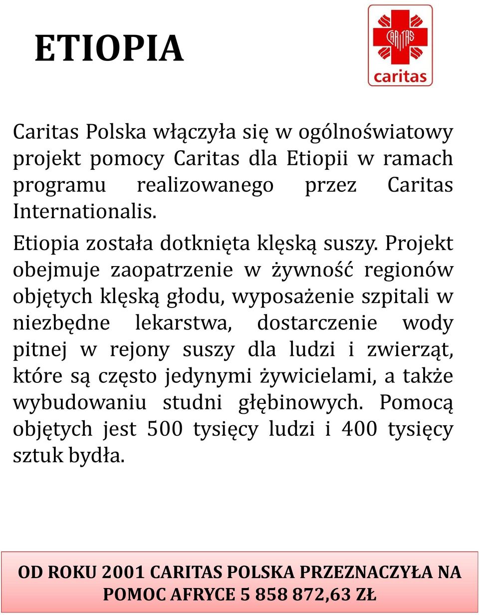 Projekt obejmuje zaopatrzenie w żywność regionów objętych klęską głodu, wyposażenie szpitali w niezbędne lekarstwa, dostarczenie wody pitnej w