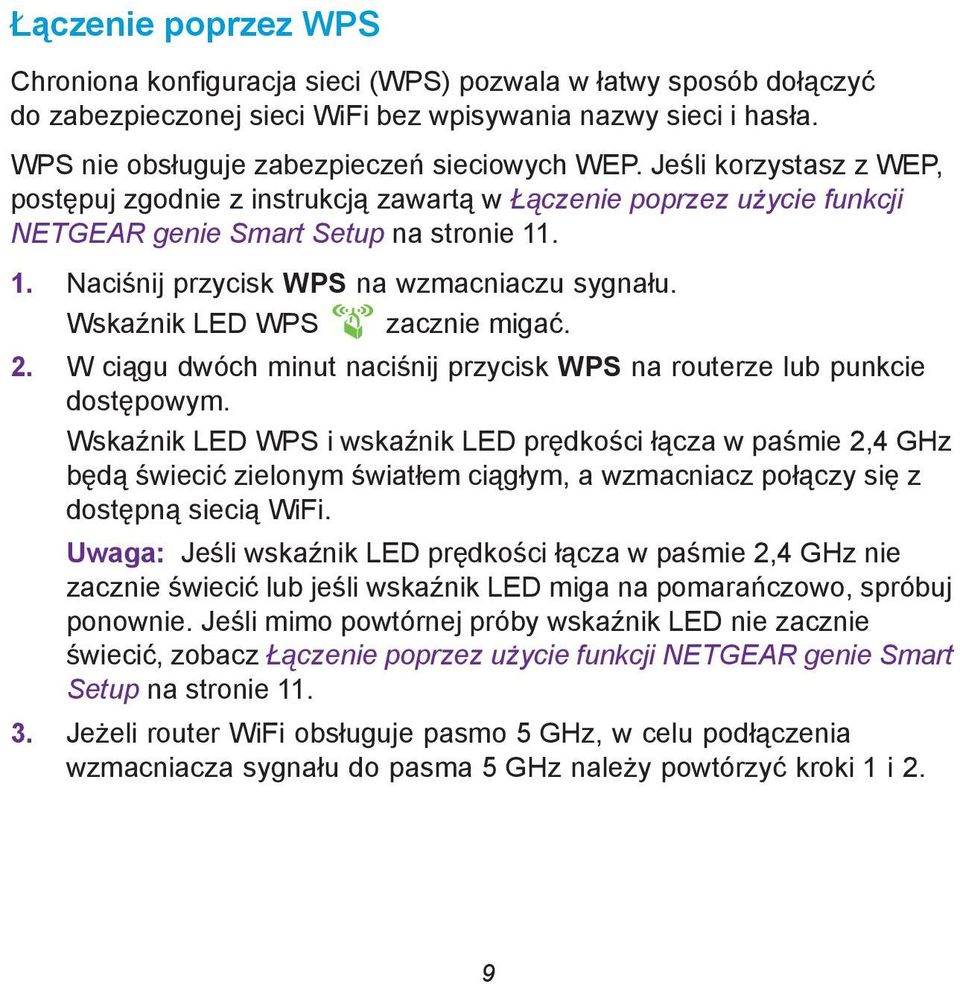 Wskaźnik LED WPS zacznie migać. 2. W ciągu dwóch minut naciśnij przycisk WPS na routerze lub punkcie dostępowym.