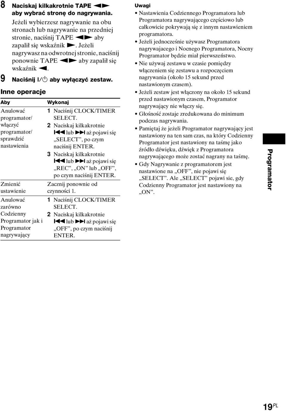 Inne operacje Aby Anulować programator/ włączyć programator/ sprawdzić nastawienia Zmienić ustawienie Anulować zarówno Codzienny Programator jak i Programator nagrywający Wykonaj 1 Naciśnij
