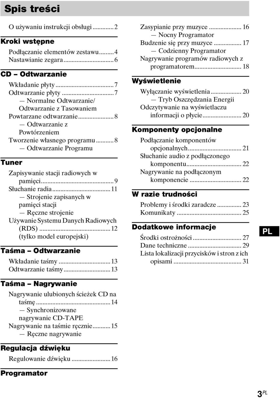 ..8 Odtwarzanie Programu Tuner Zapisywanie stacji radiowych w pamięci...9 Słuchanie radia...11 Strojenie zapisanych w pamięci stacji Ręczne strojenie Używanie Systemu Danych Radiowych (RDS).