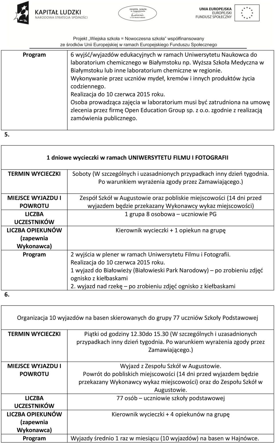 Osoba prowadząca zajęcia w laboratorium musi być zatrudniona na umowę zlecenia przez firmę Open Education Group sp. z o.o. zgodnie z realizacją zamówienia publicznego. 5.