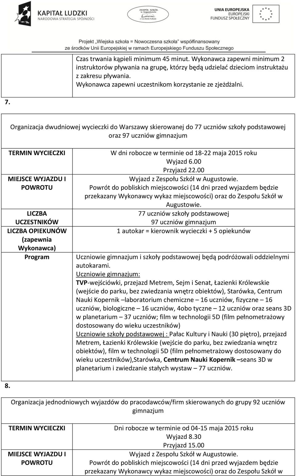 Organizacja dwudniowej wycieczki do Warszawy skierowanej do 77 uczniów szkoły podstawowej oraz 97 uczniów gimnazjum W dni robocze w terminie od 18-22 maja 2015 roku Wyjazd 6.00 Przyjazd 22.