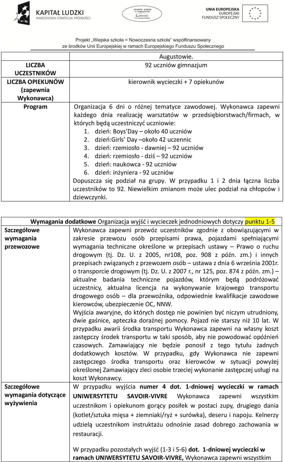 dzień: rzemiosło - dawniej 92 uczniów 4. dzień: rzemiosło - dziś 92 uczniów 5. dzień: naukowca - 92 uczniów 6. dzień: inżyniera - 92 uczniów Dopuszcza się podział na grupy.
