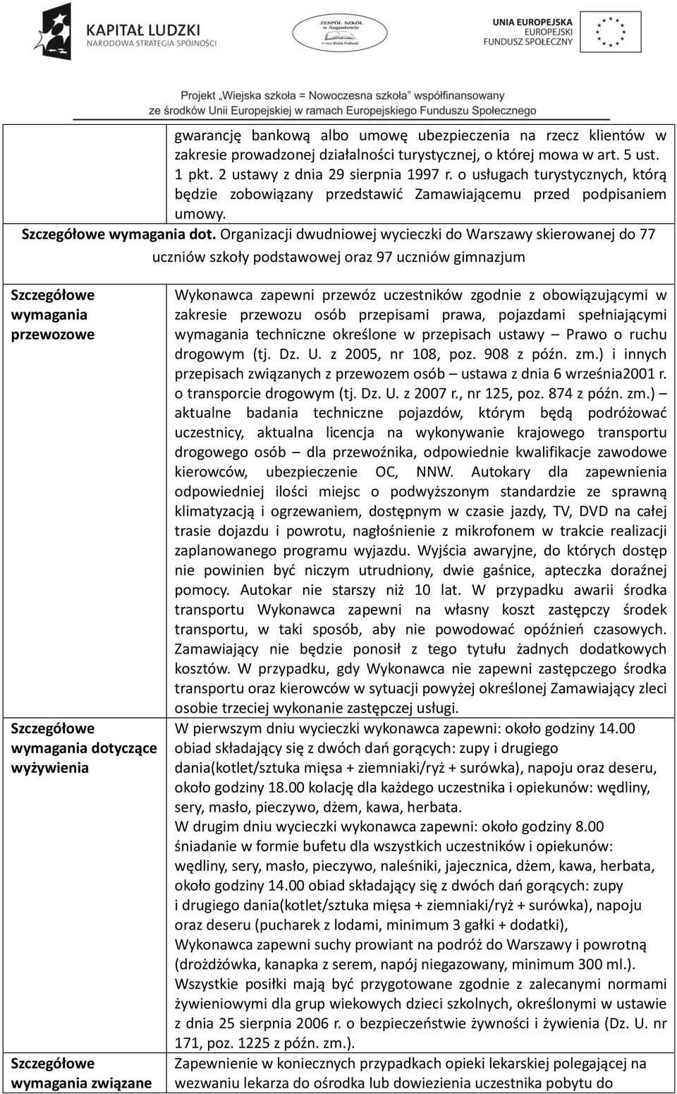 Organizacji dwudniowej wycieczki do Warszawy skierowanej do 77 uczniów szkoły podstawowej oraz 97 uczniów gimnazjum wymagania przewozowe wymagania dotyczące wyżywienia wymagania związane Wykonawca