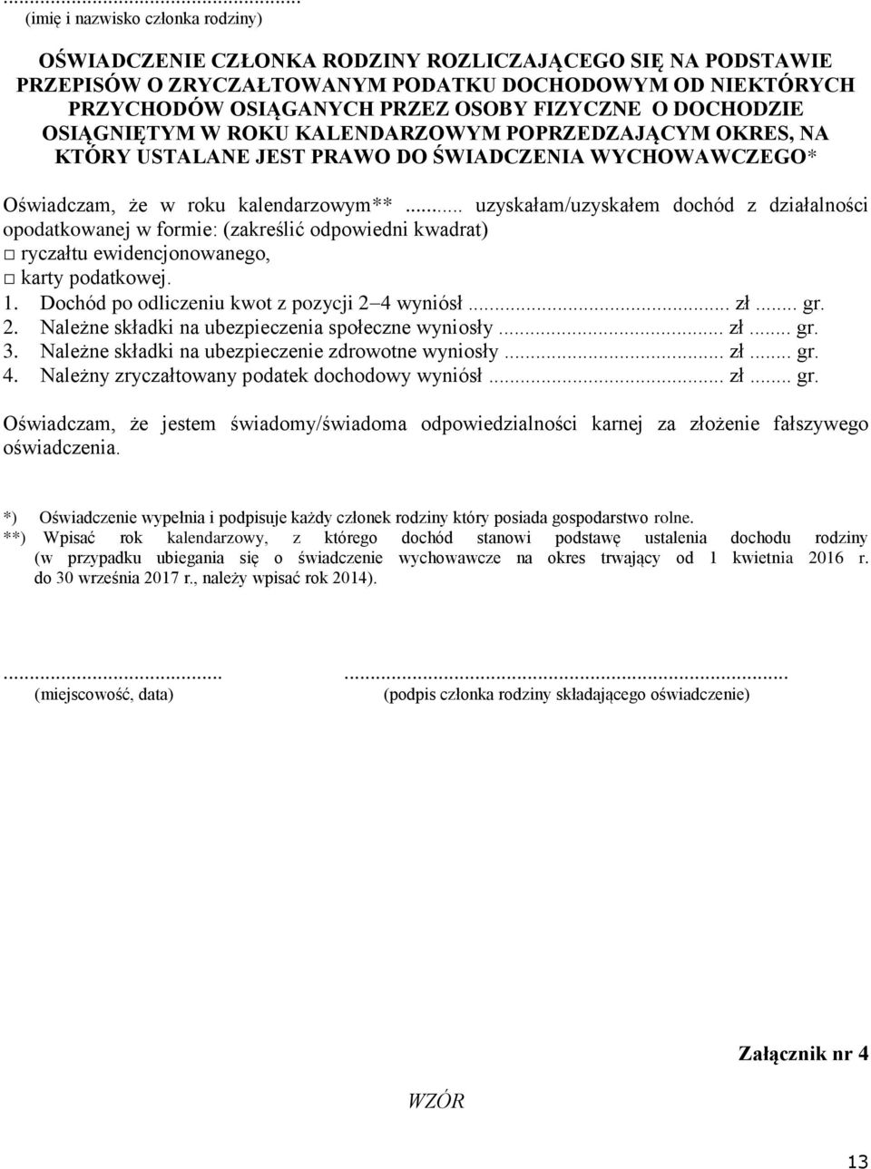 .. uzyskałam/uzyskałem dochód z działalności opodatkowanej w formie: (zakreślić odpowiedni kwadrat) ryczałtu ewidencjonowanego, karty podatkowej. 1. Dochód po odliczeniu kwot z pozycji 2 4 wyniósł.