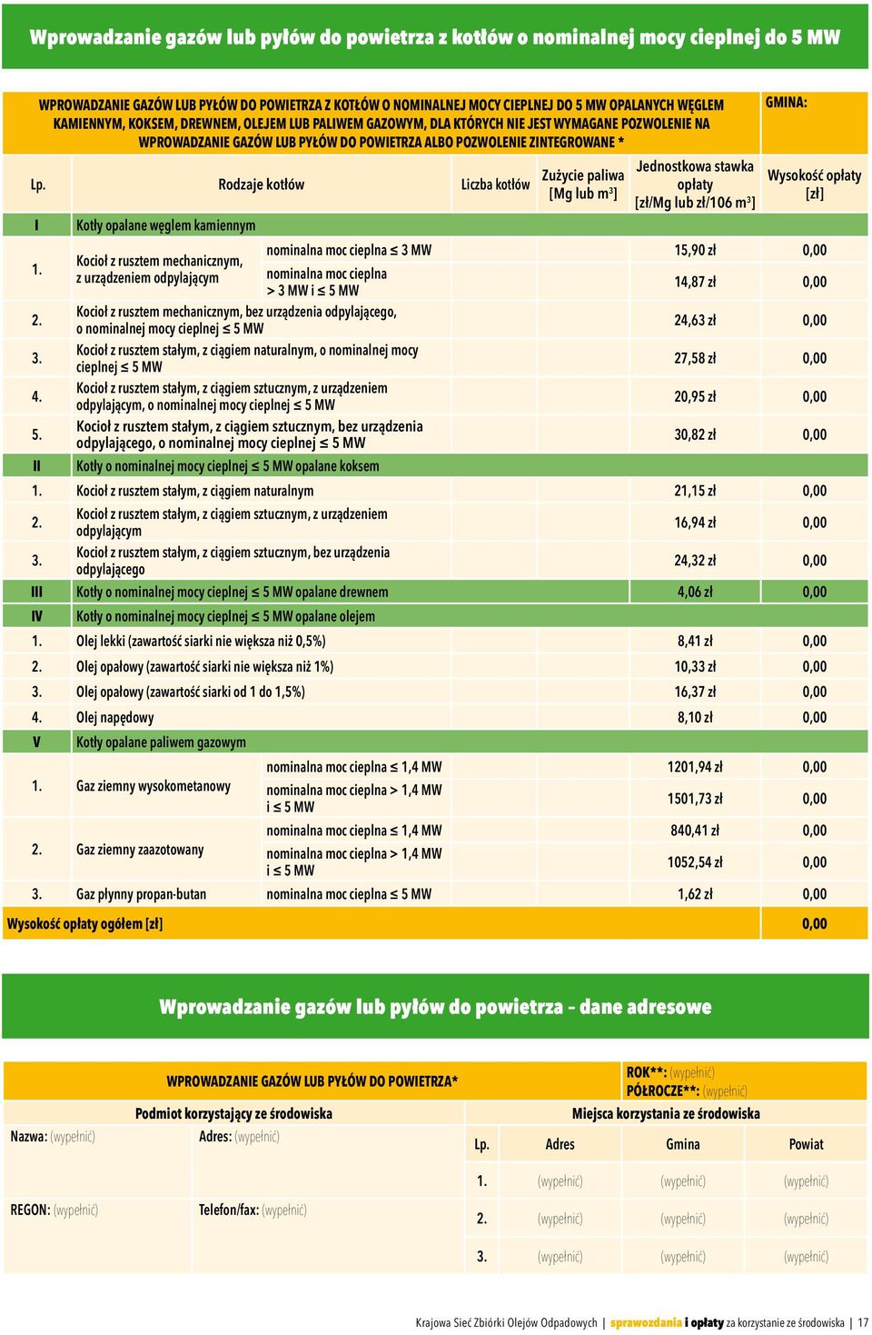 Rodzaje kotłów Liczba kotłów Zużycie paliwa [Mg lub m 3 ] Jednostkowa stawka opłaty [zł/mg lub zł/106 m 3 ] Gmina: Wysokość opłaty [zł] I Kotły opalane węglem kamiennym 1.