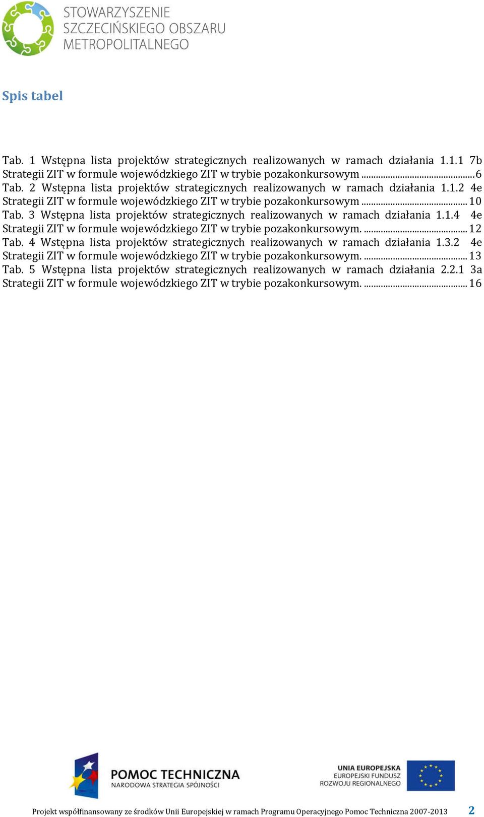 3 Wstępna lista projektów strategicznych realizowanych w ramach działania 1.1.4 4e Strategii ZIT w formule wojewódzkiego ZIT w trybie pozakonkursowym.... 12 Tab.