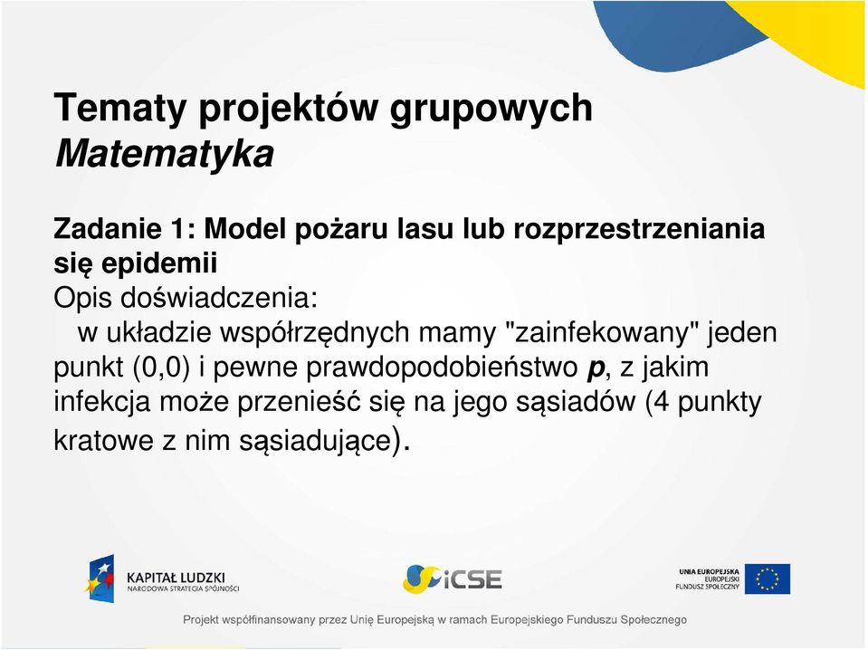 mamy "zainfekowany" jeden punkt (0,0) i pewne prawdopodobieństwo p, z jakim