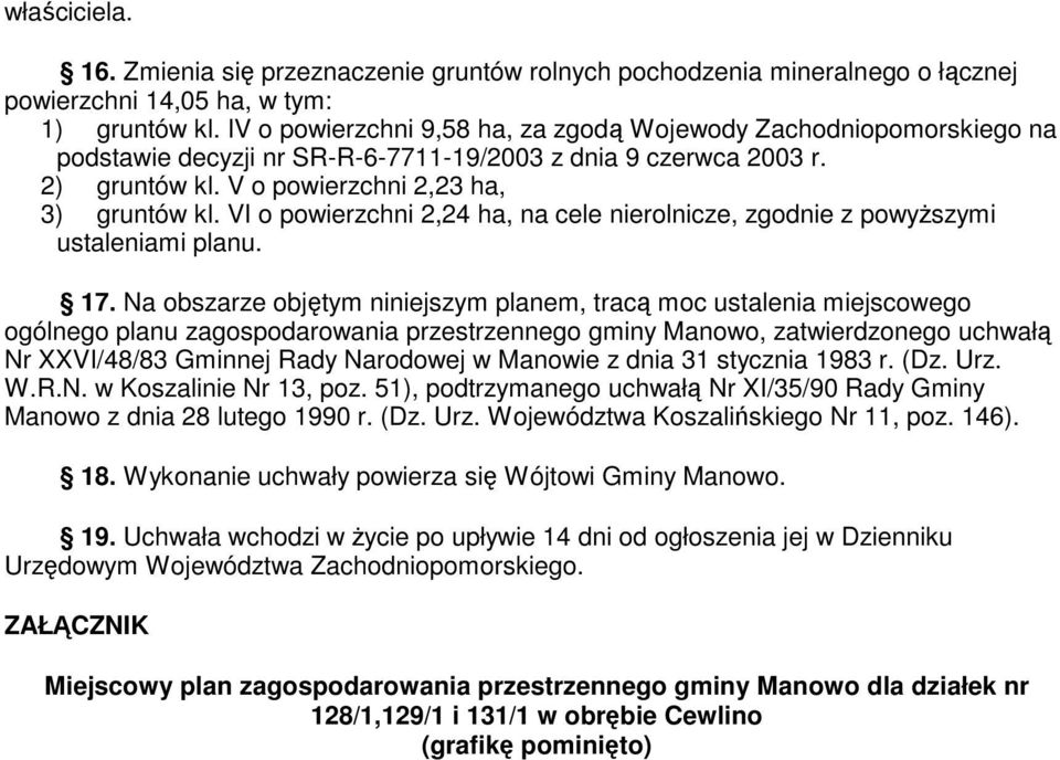 VI o powierzchni 2,24 ha, na cele nierolnicze, zgodnie z powyższymi ustaleniami planu. 17.