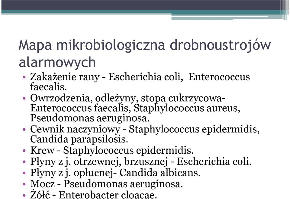 Cewnik naczyniowy -Staphylococcusepidermidis, Candida parapsilosis. Krew -Staphylococcusepidermidis. Płyny z j.