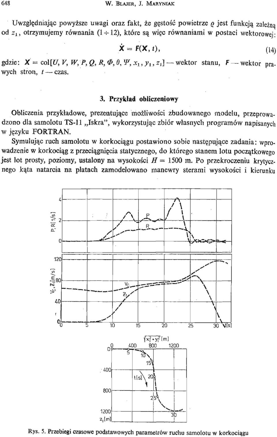 (14) gdzie: X = col[u, V, W,P,Q,R,0,0, W,x x,y t,z,] wektor stanu, F wektor prawych stron, t czas. 3.