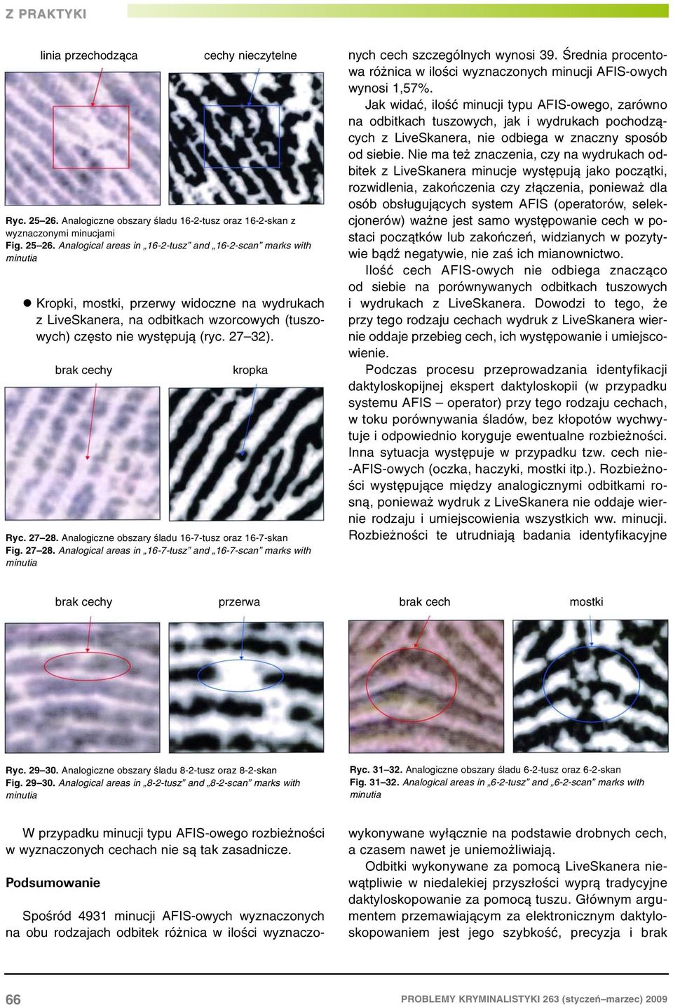 Analogical areas in 16-2-tusz and 16-2-scan marks with Kropki, mostki, przerwy widoczne na wydrukach z LiveSkanera, na odbitkach wzorcowych (tuszowych) czêsto nie wystêpuj¹ (ryc. 27 32).