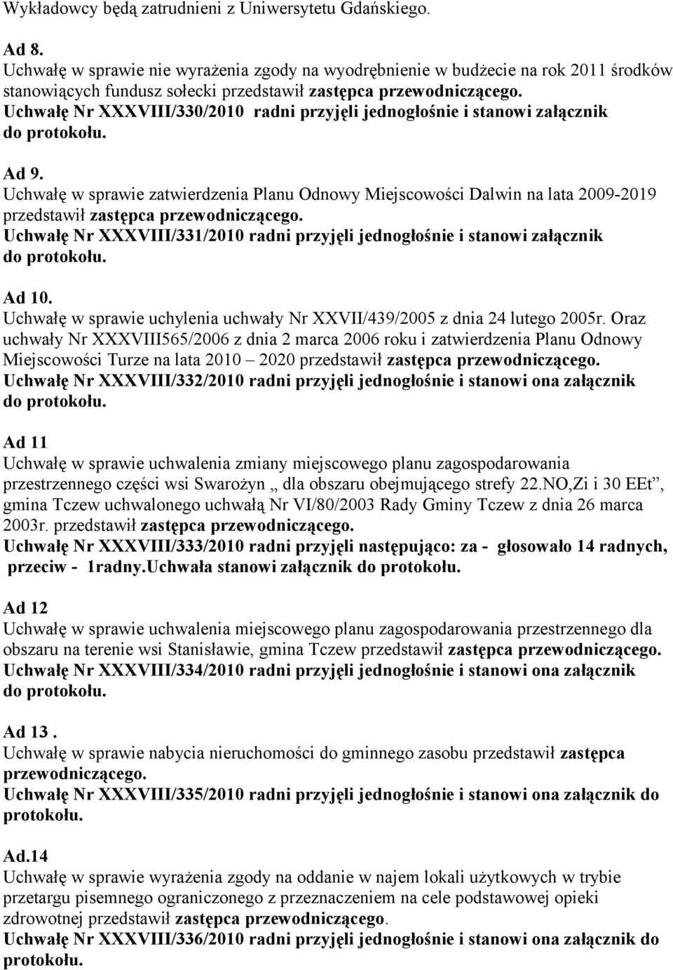 Uchwałę Nr XXXVIII/330/2010 radni przyjęli jednogłośnie i stanowi załącznik Ad 9.