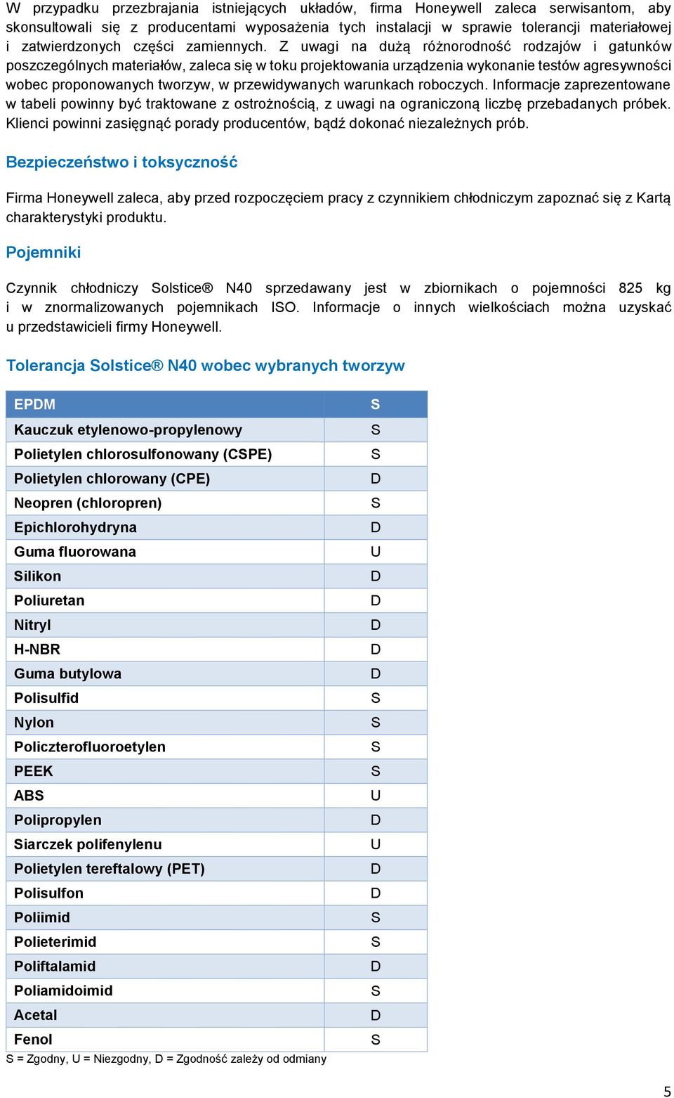 Z uwagi na dużą różnorodność rodzajów i gatunków poszczególnych materiałów, zaleca się w toku projektowania urządzenia wykonanie testów agresywności wobec proponowanych tworzyw, w przewidywanych