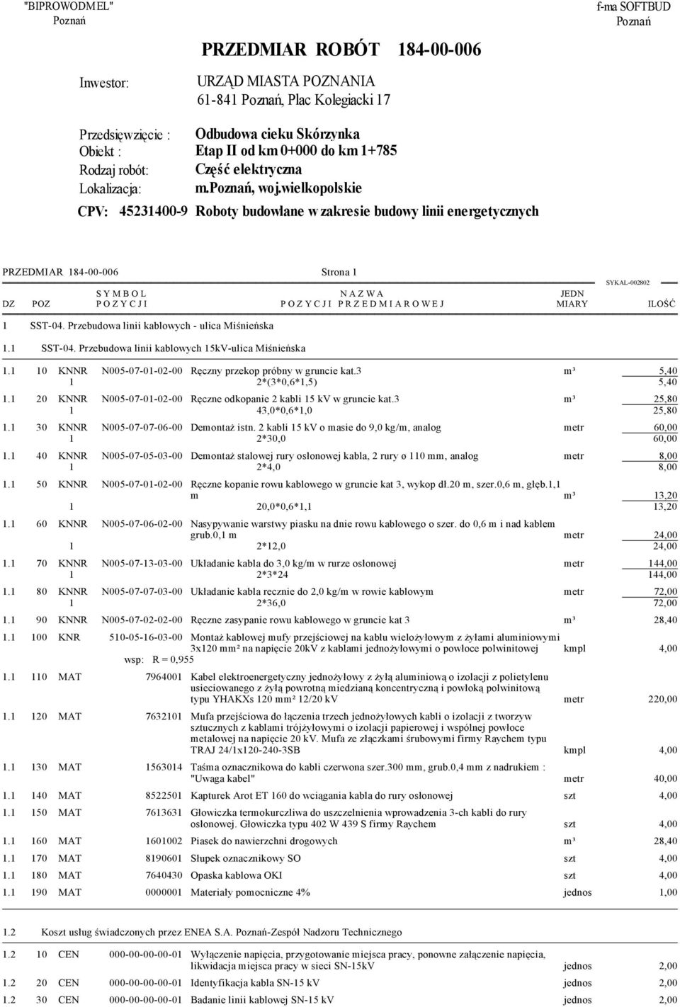 wielkopolskie CPV: 45231400-9 Roboty budowlane w zakresie budowy linii energetycznych PRZEDMIAR 184-00-006 Strona 1 S Y M B O L P O Z Y C J I 1 SST-04. Przebudowa linii kablowych - ulica Miśnieńska 1.