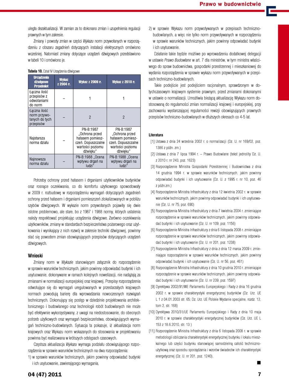 Natomiast zmiany dotyczące urządzeń dźwigowych przedstawiono w tabeli 10 i omówiono je. Tabela 10. Dział IV Urządzenia dźwigowe Urządzenia dźwigowe Przedmiot z odwołaniami 04 (47) 2011 Wykaz z 2004 r.