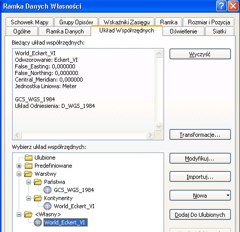 PWSZ w Tarnowie, GIS w ochronie środowiska, II rok, kierunek Ochrona Środowiska ĆWICZENIE NR 2, Odwzorowania + Praca z mapą Świat Otwórz aplikację ArcMap (Start > Programy > ArcGIS > ArcMap) >