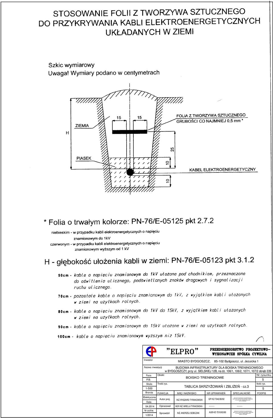 3 Branża FUNKCJA IMIĘ I NAZWISKO NR UPRAWNIEŃ SPECJALNOŚĆ PODPIS Elektryczna Autor proj. INŻ. RYSZARD TYRAKOWSKI GP-KZ-7342/26/92 Data 04.2014 Opracował Nr archiw. Sprawdził 1/2014 MGR INŻ.