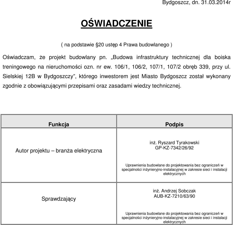 Sielskiej 12B w Bydgoszczy, którego inwestorem jest Miasto Bydgoszcz został wykonany zgodnie z obowiązującymi przepisami oraz zasadami wiedzy technicznej.