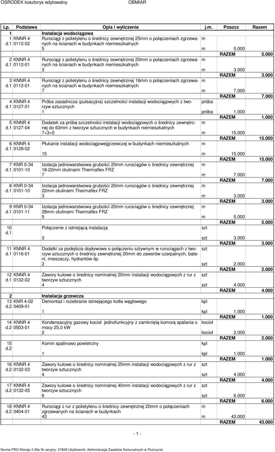 1 0112-01 Rurociągi z polietylenu o średnicy zewnętrznej 20 o połączeniach zgrzewanych na ścianach w budynkach nieieszkalnych 3 3.000 3 KNNR 4 d.