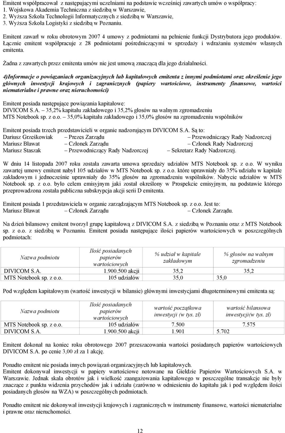 Emitent zawarł w roku obrotowym 2007 4 umowy z podmiotami na pełnienie funkcji Dystrybutora jego produktów.