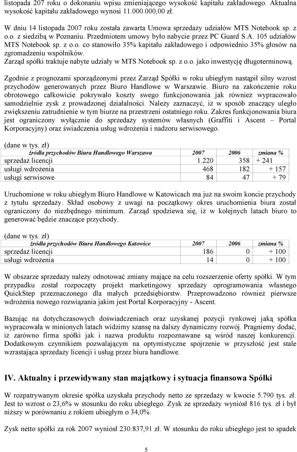 z o.o. co stanowiło 35% kapitału zakładowego i odpowiednio 35% głosów na zgromadzeniu wspólników. Zarząd spółki traktuje nabyte udziały w MTS Notebook sp. z o.o. jako inwestycję długoterminową.