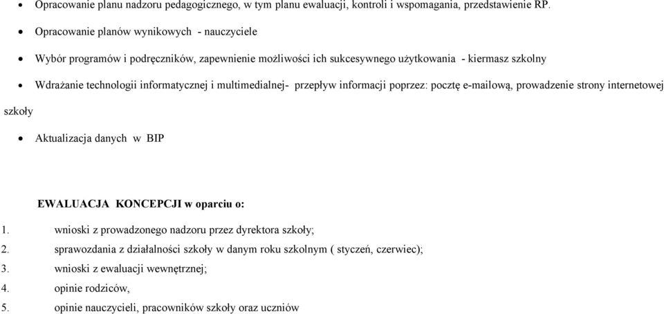 informatycznej i multimedialnej- przepływ informacji poprzez: pocztę e-mailową, prowadzenie strony internetowej szkoły Aktualizacja danych w BIP EWALUACJA KONCEPCJI w oparciu