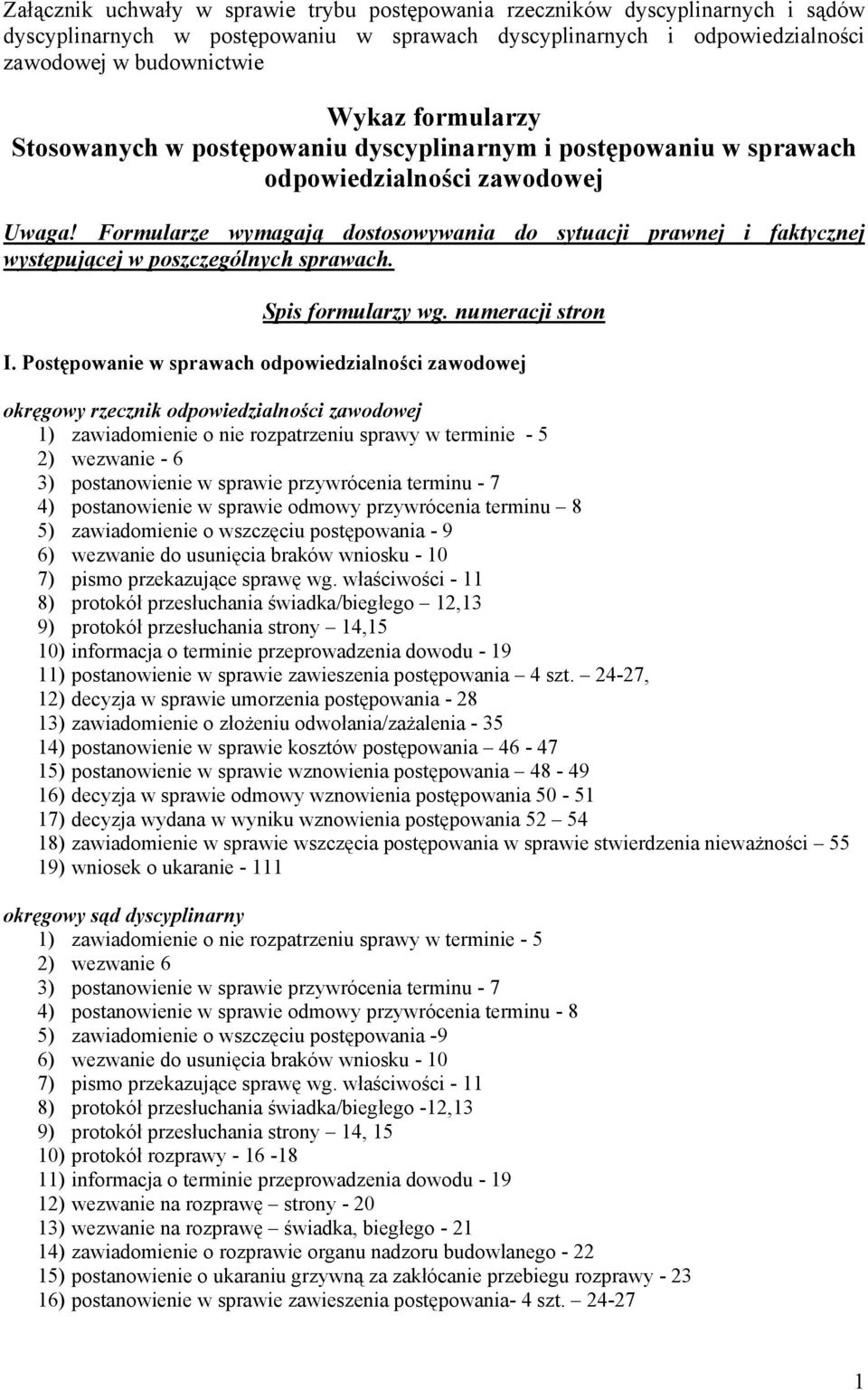 Formularze wymagają dostosowywania do sytuacji prawnej i faktycznej występującej w poszczególnych sprawach. Spis formularzy wg. numeracji stron I.