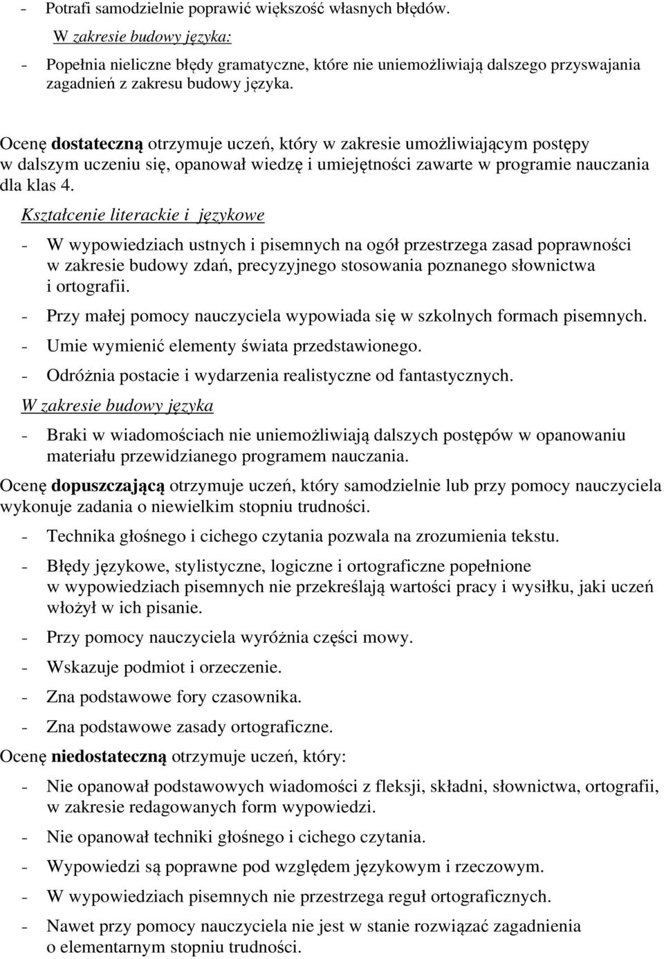 Ocenę dostateczną otrzymuje uczeń, który w zakresie umożliwiającym postępy w dalszym uczeniu się, opanował wiedzę i umiejętności zawarte w programie nauczania dla klas 4.