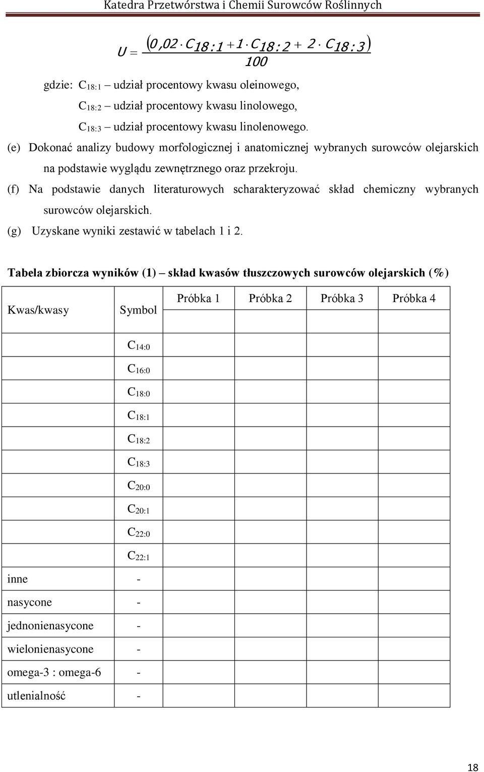 (f) Na podstawie danych literaturowych scharakteryzować skład chemiczny wybranych surowców olejarskich. (g) Uzyskane wyniki zestawić w tabelach 1 i 2.