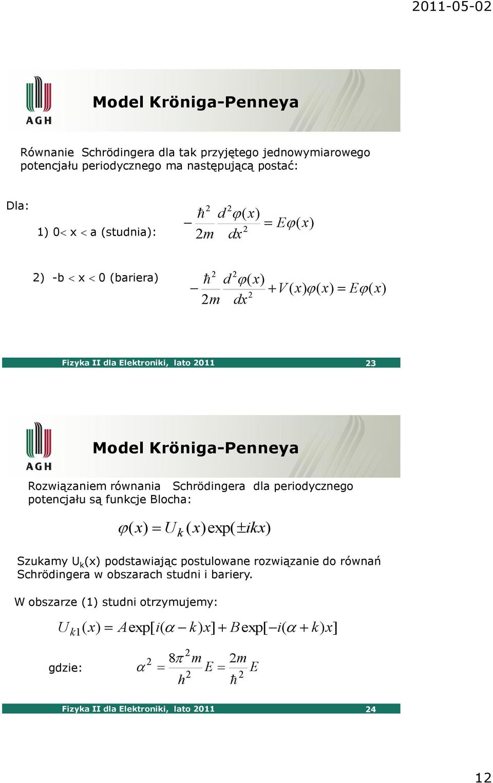 periodycznego potencjału są funkcje Blocha: ( x) Uk ( x)exp( ikx) Szukamy U k (x) podstawiając postulowane rozwiązanie do równań Schrödingera w