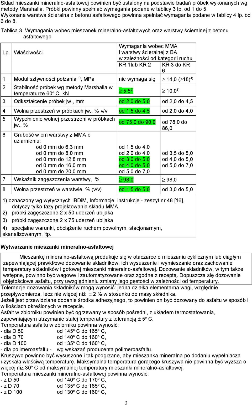 Wymagania wobec mieszanek mineralno-asfaltowych oraz warstwy ścieralnej z betonu asfaltowego Właściwości Wymagania wobec MMA i warstwy ścieralnej z BA w zależności od kategorii ruchu KR 1lub KR 2 KR