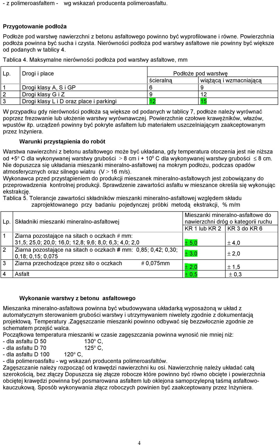 Maksymalne nierówności podłoża pod warstwy asfaltowe, mm Drogi i place Podłoże pod warstwę ścieralną wiążącą i wzmacniającą 1 Drogi klasy A, S i GP 6 9 2 Drogi klasy G i Z 9 12 3 Drogi klasy L i D