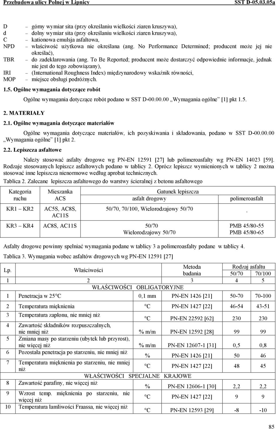 To Be Reported; producent może dostarczyć odpowiednie informacje, jednak nie jest do tego zobowiązany), IRI (International Roughness Index) międzynarodowy wskaźnik równości, MOP miejsce obsługi