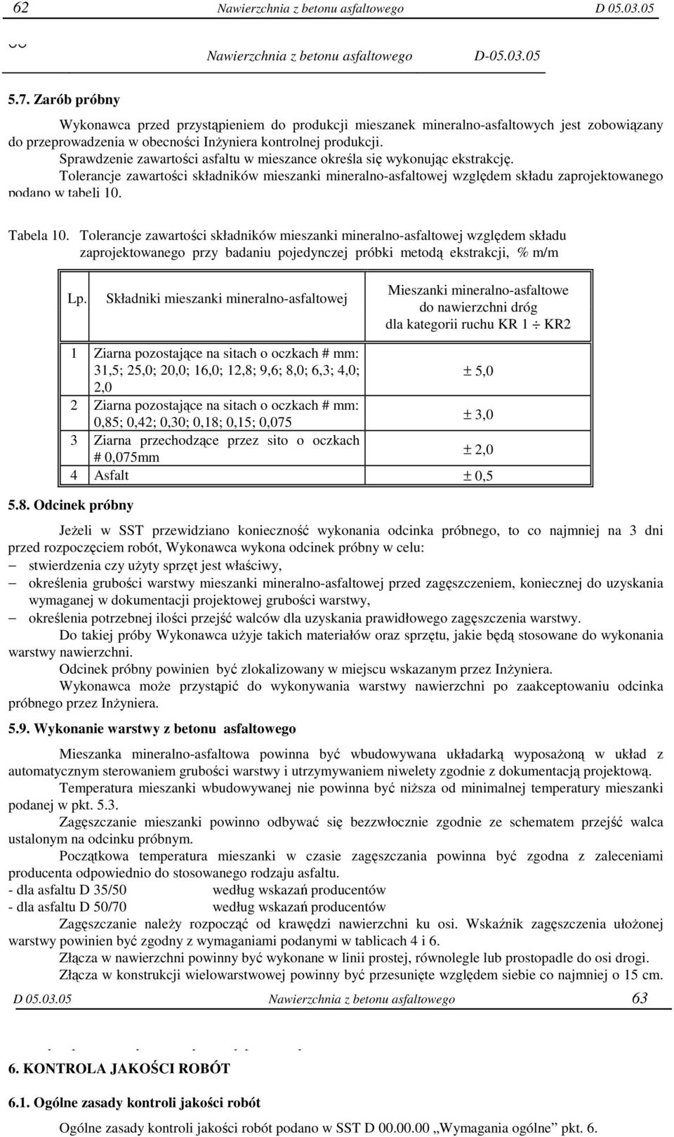 Sprawdzenie zawartości asfaltu w mieszance określa się wykonując ekstrakcję. Tolerancje zawartości składników mieszanki mineralno-asfaltowej względem składu zaprojektowanego podano w tabeli 10.