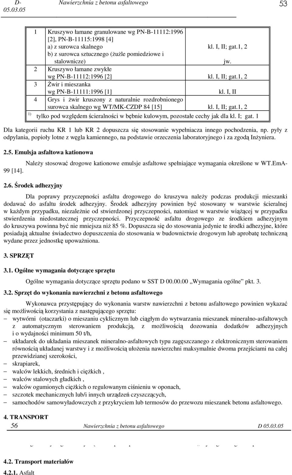 I, II 4 Grys i Ŝwir kruszony z naturalnie rozdrobnionego surowca skalnego wg WT/MK-CZDP 84 [15] kl. I, II; gat.1, 2 tylko pod względem ścieralności w bębnie kulowym, pozostałe cechy jak dla kl.